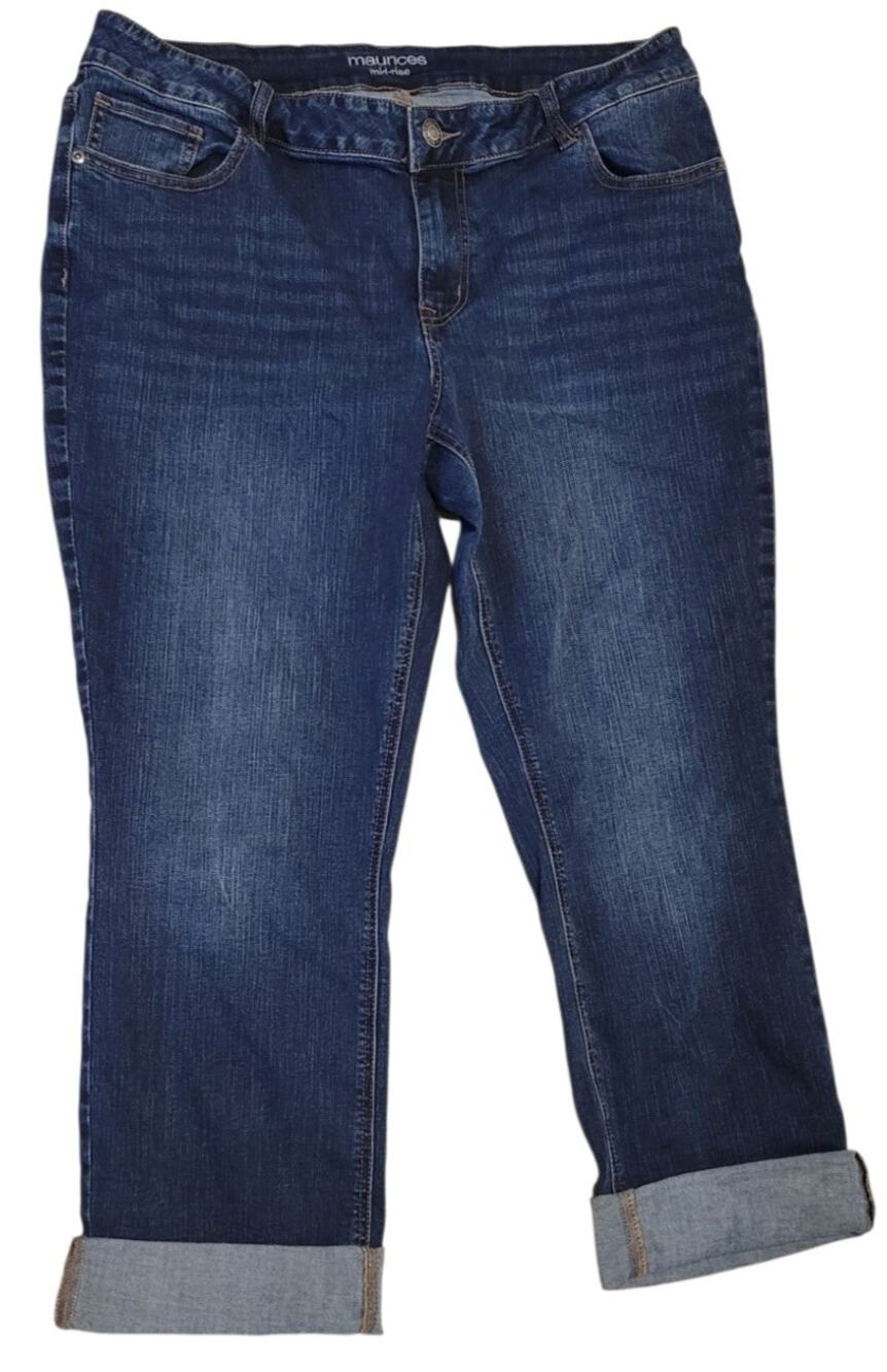 Maurices Mid Rise Boyfriend Jeans 16w Short Cuffed Dark Wash Stretch Denim Plus